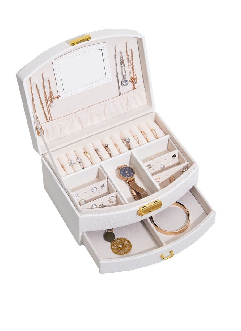 General Luxury White Jewelry Storage Box, High Quality Synthetic Leather Mirror, Soft Touch Velvet Case, Storage Box, Ring, Earrings (White)  - Image 1