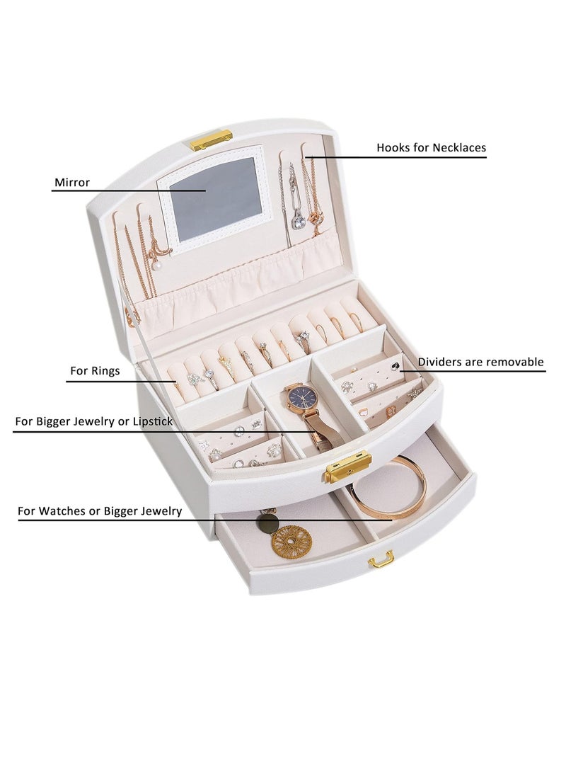 General Luxury White Jewelry Storage Box, High Quality Synthetic Leather Mirror, Soft Touch Velvet Case, Storage Box, Ring, Earrings (White)  - Image 2