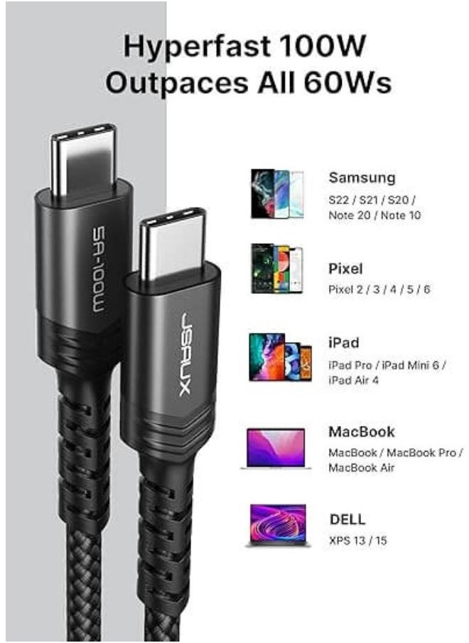 JSAUX - ( CC0020) USB C to USB C Cable 100W/5A [1pcs 1 M], QC 4.0/USB PD Type-C Fast Charging Cord Compatible with MacBook Pro/Air M2, iPad Pro 12.9/iPad Air/Mini 6 Samsung Galaxy S23 S22 S21 - Image 1