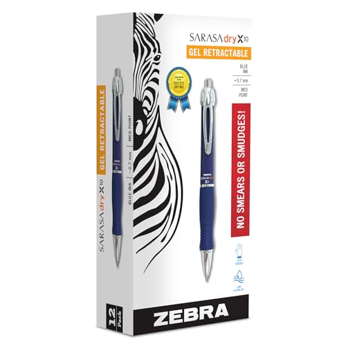 Zebra Pen Sarasa Dry X10 Retractable Gel Pen, Medium Point, 0.7mm, Blue Barrel, Acid Free Blue Ink, 12-Pack (42620) (Packaging may vary) - Image 1