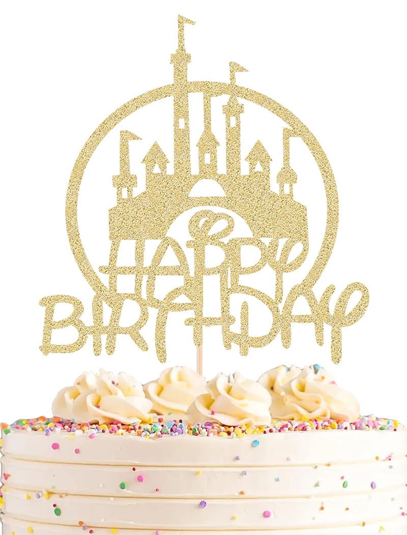 AHAORAY Castle Birthday Cake Topper Gold Glitter Castle Theme Birthday Party Cake Decoration Supply Princess Prince Happy Birthday Cake Topper Photo Prop - Image 2