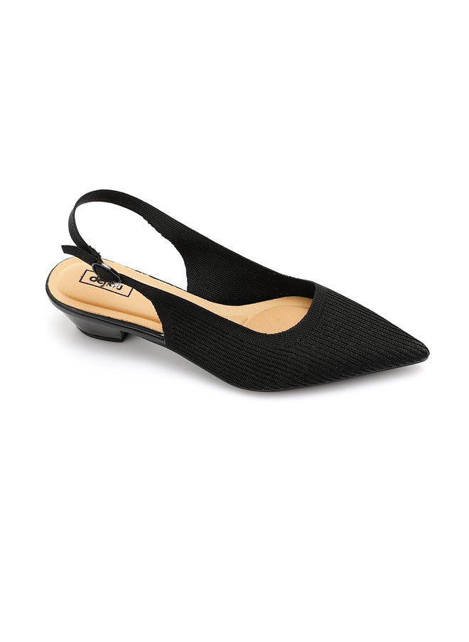 DejaVu Black Pointed Ribbed Mid Heel Slingback Pump  - Image 5