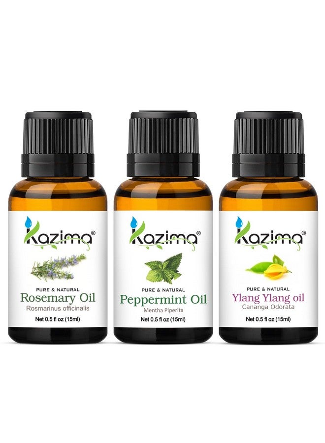 KAZIMA Combo Of Rosemary Oil, Peppermint Oil & Ylang Ylang Oil - 100% Pure, Natural & Undiluted Essential Oil For Hair Growth, Skin Moisturizing, Acne, Dandruff & Joints Pain, (Pack Of 3) 15 Ml Each  - Image 1