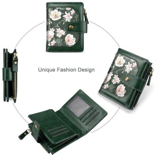 Simikol Women Wallet Bifold RFID Blocking Small Credit Card Holder Leather Wallets Cards Case Ladies Purse with Zipper, Dark Green Flowers - Image 3