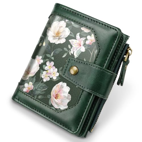 Simikol Women Wallet Bifold RFID Blocking Small Credit Card Holder Leather Wallets Cards Case Ladies Purse with Zipper, Dark Green Flowers - Image 1