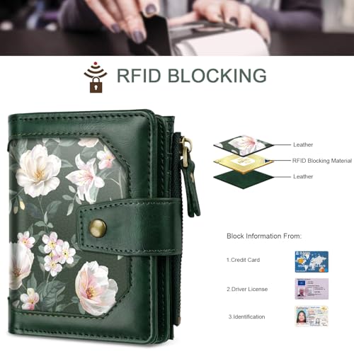 Simikol Women Wallet Bifold RFID Blocking Small Credit Card Holder Leather Wallets Cards Case Ladies Purse with Zipper, Dark Green Flowers - Image 5