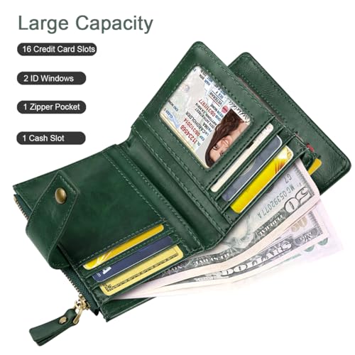 Simikol Women Wallet Bifold RFID Blocking Small Credit Card Holder Leather Wallets Cards Case Ladies Purse with Zipper, Dark Green Flowers - Image 2