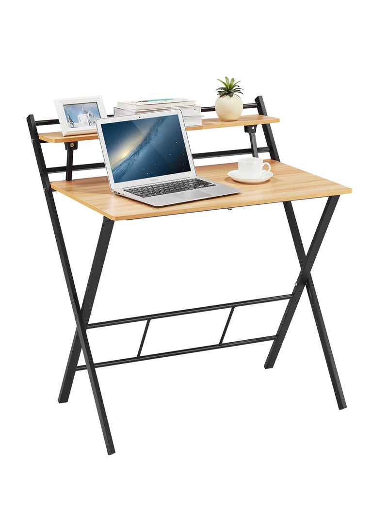 LAWAZIM Foldable Computer Table - White - Two-Tier Desk with Upper Shelf, Space-Saving Design for Home, Bedroom, and Office Use -for Writing, Working, Studying, and Small Spaces (No Assembly Required)  - Image 1