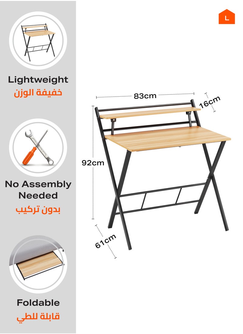 LAWAZIM Foldable Computer Table - White - Two-Tier Desk with Upper Shelf, Space-Saving Design for Home, Bedroom, and Office Use -for Writing, Working, Studying, and Small Spaces (No Assembly Required)  - Image 2