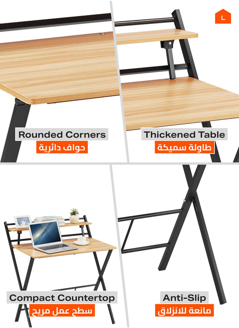 LAWAZIM Foldable Computer Table - White - Two-Tier Desk with Upper Shelf, Space-Saving Design for Home, Bedroom, and Office Use -for Writing, Working, Studying, and Small Spaces (No Assembly Required)  - Image 4