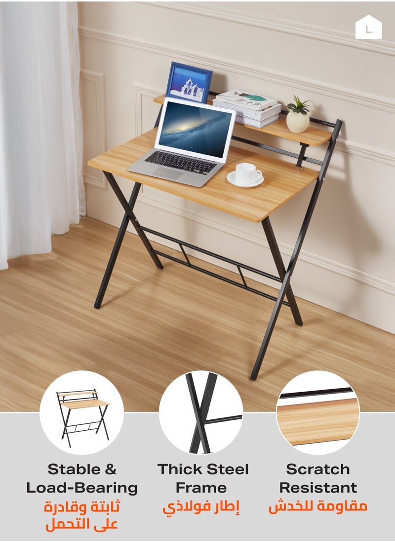 LAWAZIM Foldable Computer Table - White - Two-Tier Desk with Upper Shelf, Space-Saving Design for Home, Bedroom, and Office Use -for Writing, Working, Studying, and Small Spaces (No Assembly Required)  - Image 3