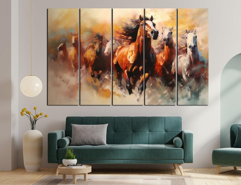 CN RETAILS Vaastu 7 Horses Set of 5 Big Size (48x30) Multiple Frames Wall Art Painting for Bedroom,Drawing room,Hotels-Wooden Framed-Digital Painting ss17_04 - Image 1