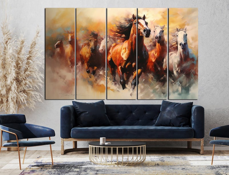 CN RETAILS Vaastu 7 Horses Set of 5 Big Size (48x30) Multiple Frames Wall Art Painting for Bedroom,Drawing room,Hotels-Wooden Framed-Digital Painting ss17_04 - Image 2