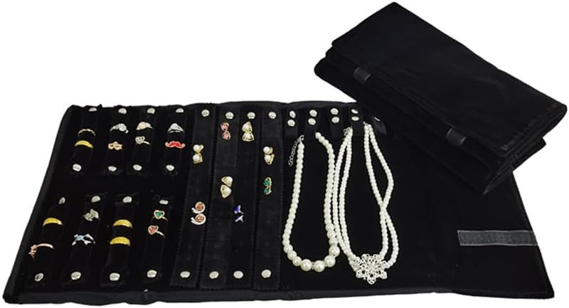 SCIKHEFT Velvet Travel Jewelry Case Roll Bag Organizer for Necklace Bracelet Earrings Ring (Black) (Black set) - Image 2