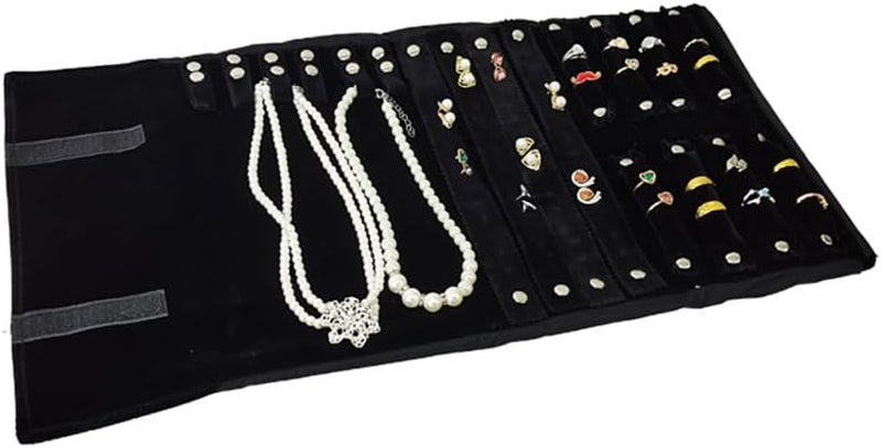 SCIKHEFT Velvet Travel Jewelry Case Roll Bag Organizer for Necklace Bracelet Earrings Ring (Black) (Black set) - Image 4