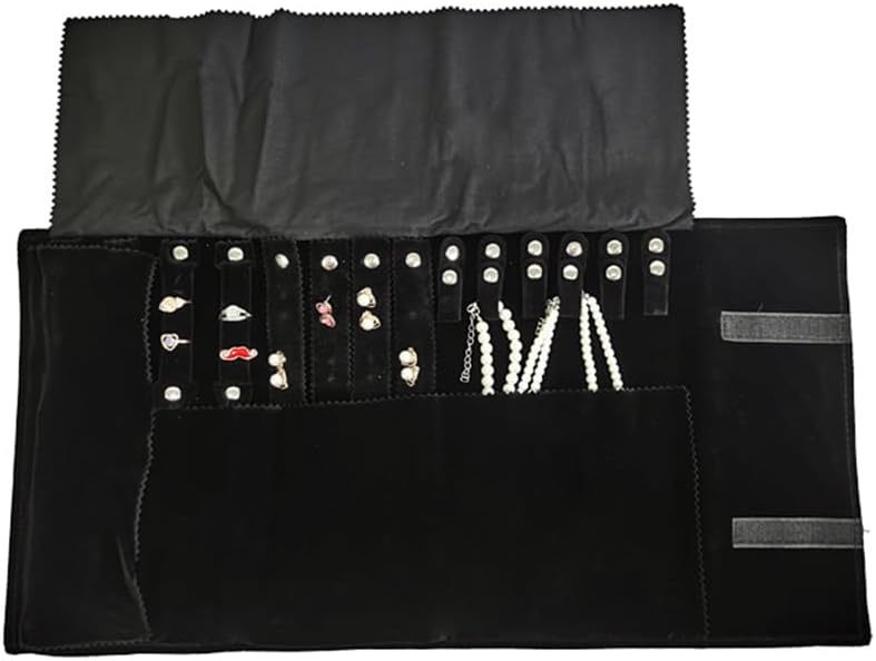 SCIKHEFT Velvet Travel Jewelry Case Roll Bag Organizer for Necklace Bracelet Earrings Ring (Black) (Black set) - Image 3
