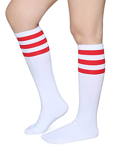 Pareberry Triple Stripes Soft Cotton Knee High Tube Socks for Men and Women (Red/White) - Image 1