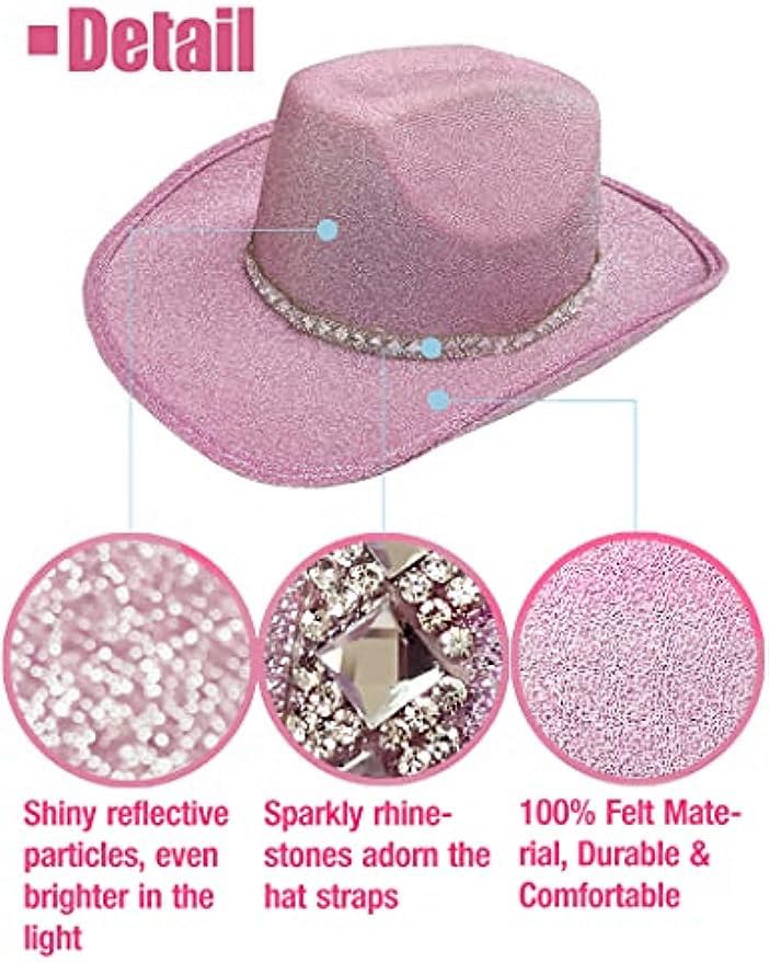 DAJOOEE Cowgirl Hat with Heart Sunglasses Glitter Cowboy Hat for Women Cosplay Bachelor Party Costume Hats (Pink) - Image 3