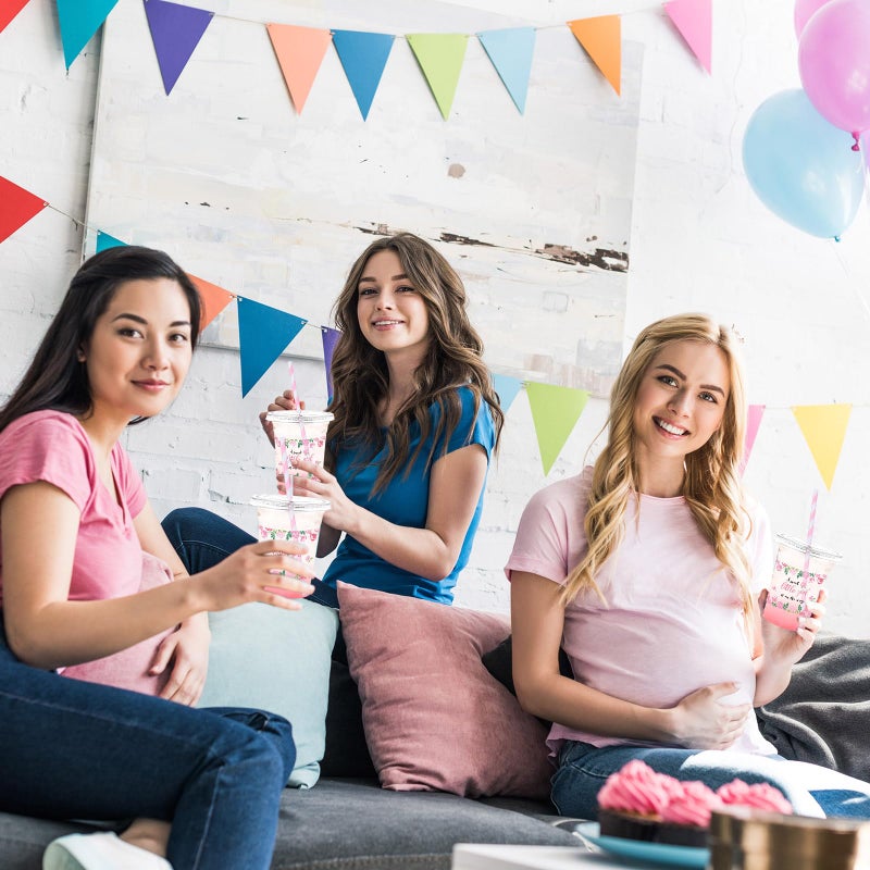 Funnymoom 50 Sets Baby Shower Plastic Cups a Sweet Little Girl Is on the Way 16 oz Floral Disposable Drinking Cups with Lids Straws for Girl Gender Reveal Birthday Party Decorations Supplies - Image 4