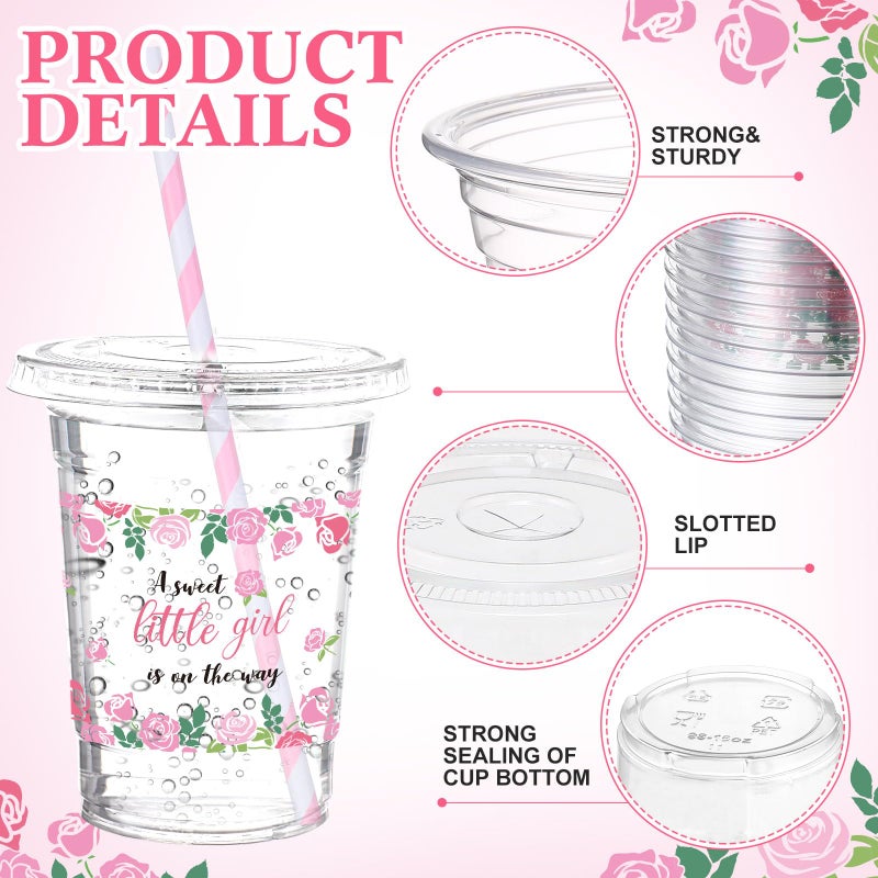Funnymoom 50 Sets Baby Shower Plastic Cups a Sweet Little Girl Is on the Way 16 oz Floral Disposable Drinking Cups with Lids Straws for Girl Gender Reveal Birthday Party Decorations Supplies - Image 2