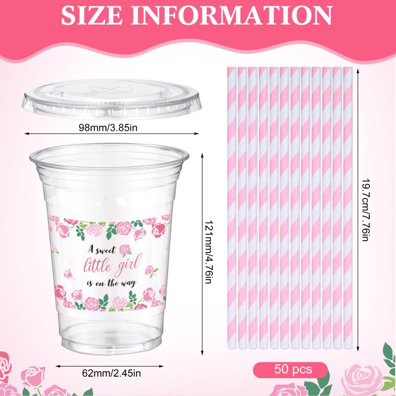 Funnymoom 50 Sets Baby Shower Plastic Cups a Sweet Little Girl Is on the Way 16 oz Floral Disposable Drinking Cups with Lids Straws for Girl Gender Reveal Birthday Party Decorations Supplies - Image 1