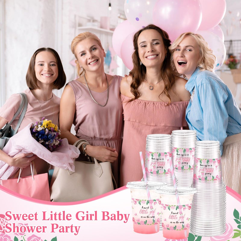 Funnymoom 50 Sets Baby Shower Plastic Cups a Sweet Little Girl Is on the Way 16 oz Floral Disposable Drinking Cups with Lids Straws for Girl Gender Reveal Birthday Party Decorations Supplies - Image 3
