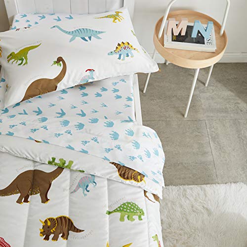 Uozzi Bedding 4 Pieces Toddler Bedding Set Dinosaur White with Colorful Dinos and Monsters Toddler Comforter Sheet Set for Autumu and Winter Includes Comforter, Flat Sheet, Fitted Sheet and Pillowcase - Image 5