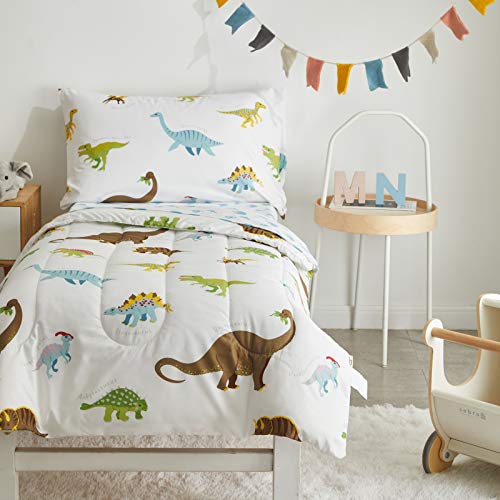 Uozzi Bedding 4 Pieces Toddler Bedding Set Dinosaur White with Colorful Dinos and Monsters Toddler Comforter Sheet Set for Autumu and Winter Includes Comforter, Flat Sheet, Fitted Sheet and Pillowcase - Image 2