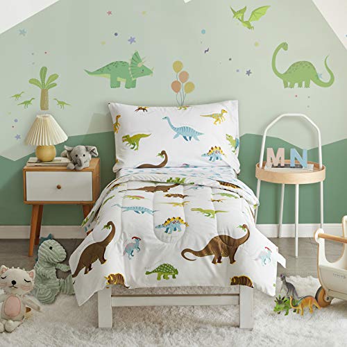 Uozzi Bedding 4 Pieces Toddler Bedding Set Dinosaur White with Colorful Dinos and Monsters Toddler Comforter Sheet Set for Autumu and Winter Includes Comforter, Flat Sheet, Fitted Sheet and Pillowcase - Image 1