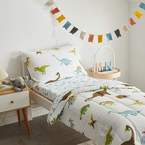Uozzi Bedding 4 Pieces Toddler Bedding Set Dinosaur White with Colorful Dinos and Monsters Toddler Comforter Sheet Set for Autumu and Winter Includes Comforter, Flat Sheet, Fitted Sheet and Pillowcase - Image 3