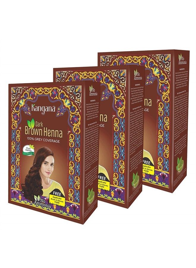 KANGANA Kangana Henna Powder for Hair Dye / Colour - Dark Brown Henna Powder for 100% Grey Coverage- 6 pouches each - Total 180g (6.34 Oz)- Pack of 3  - Image 1