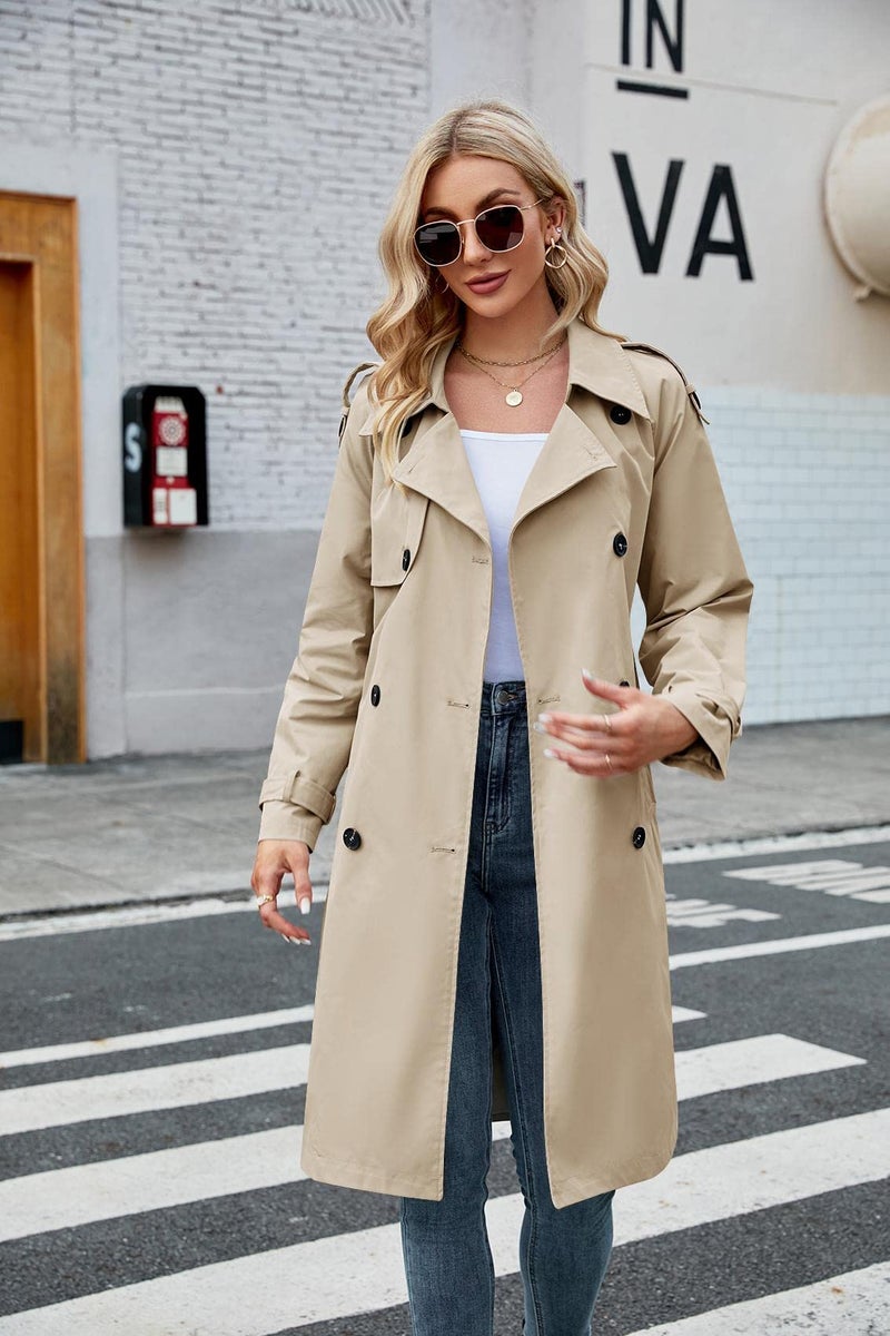 Makkrom Women's Double Breasted Long Trench Coat Windproof Classic Lapel Slim Overcoat with Belt - Image 3