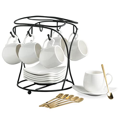 LYEOBOH Espresso Cups with Saucers Set Porcelain Coffee Cups and Metal Stand and Spoons Small Demitasse Cups for Espresso Latte Cafe Mocha Cappuccino and Tea 3 OZ Set of 6 White