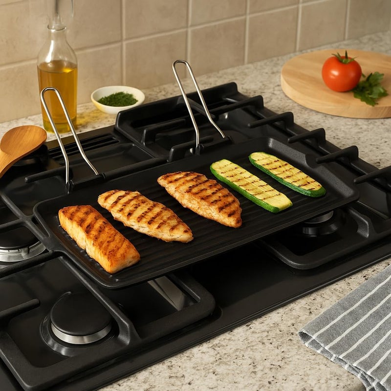 BS B&S Cast Iron Grill Pan 28x50cm – Heavy-Duty BBQ Grill with Grooved Surface – Durable Non-Stick Coating – Wooden Handle – Indoor/Outdoor Kitchen Accessory – Gas & Stove Compatible - Image 2