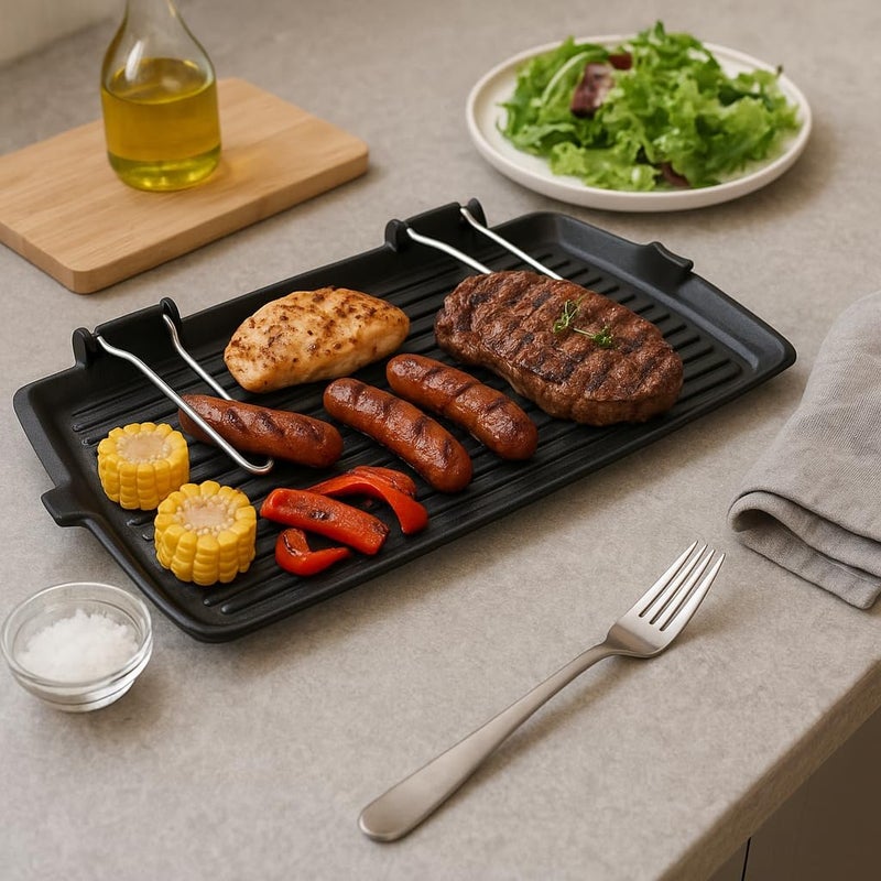 BS B&S Cast Iron Grill Pan 28x50cm – Heavy-Duty BBQ Grill with Grooved Surface – Durable Non-Stick Coating – Wooden Handle – Indoor/Outdoor Kitchen Accessory – Gas & Stove Compatible - Image 3