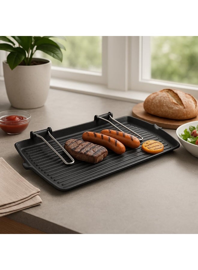 BS B&S Cast Iron Grill Pan 28x50cm – Heavy-Duty BBQ Grill with Grooved Surface – Durable Non-Stick Coating – Wooden Handle – Indoor/Outdoor Kitchen Accessory – Gas & Stove Compatible - Image 1