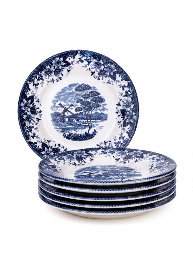 Claytan Earthenware Classic Blue Windmill & Floral Pattern Salad Plate, 8.1 Inch, White (Set of 6) | Premium Dessert, Appetizer & Side Plate | Vintage Tableware for Home, Office, Café & Gifting - Image 1