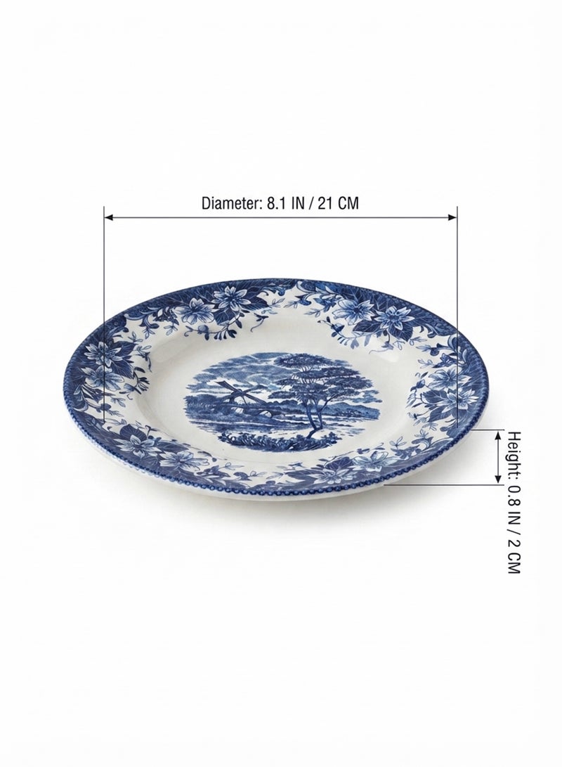 Claytan Earthenware Classic Blue Windmill & Floral Pattern Salad Plate, 8.1 Inch, White (Set of 6) | Premium Dessert, Appetizer & Side Plate | Vintage Tableware for Home, Office, Café & Gifting - Image 2