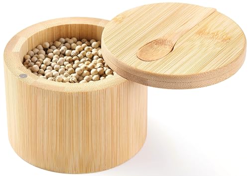VRUIFA Bamboo Salt Container, Salt Cellar with Magnetic Swivel Lid and Spoon, For Storage Pepper, Spice and Sugar, 6 oz - Image 1