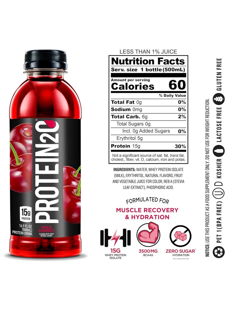 Protein2o Protein Infused Water, Wild Cherry, 500 ML Pack of 12 15g Whey Protein Isolate - Image 2