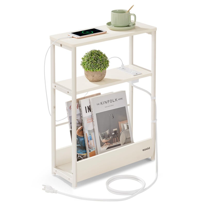 VASAGLE Side Table with Charging Station Narrow End Table 3Tier Nightstand Sofa Table for Small Spaces Magazine Rack for Living Room Bedroom Study Cream White ULET335W01