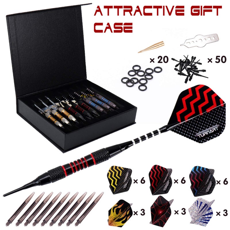 Turnart Darts Plastic Tip - Professional Soft Tip Darts Set for Electronic Dartboard 9 Pcs 18 Grams with 50 Extra Tips 9 Shafts 27 Flights Tool Kit Flight Protectors and Gift Darts Case (Tungsten) - Image 2
