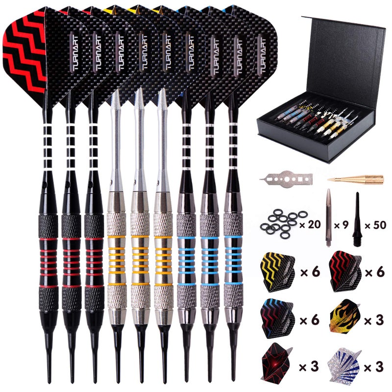 Turnart Darts Plastic Tip - Professional Soft Tip Darts Set for Electronic Dartboard 9 Pcs 18 Grams with 50 Extra Tips 9 Shafts 27 Flights Tool Kit Flight Protectors and Gift Darts Case (Tungsten) - Image 1