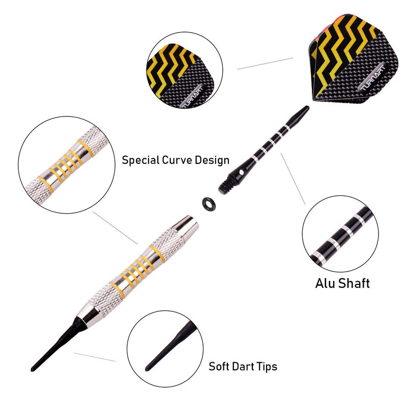 Turnart Darts Plastic Tip - Professional Soft Tip Darts Set for Electronic Dartboard 9 Pcs 18 Grams with 50 Extra Tips 9 Shafts 27 Flights Tool Kit Flight Protectors and Gift Darts Case (Tungsten) - Image 5