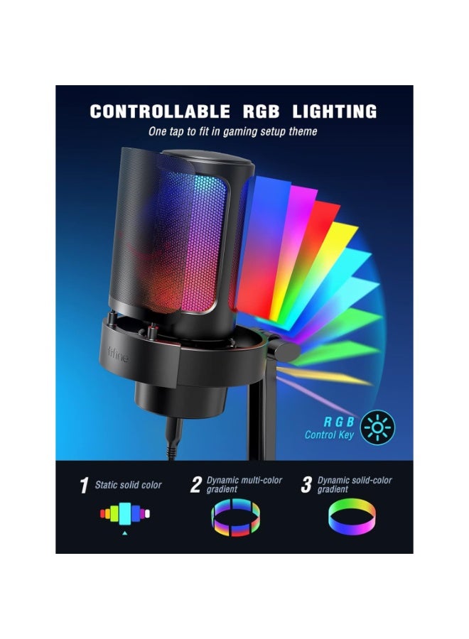 فيفين ميكروفون A8 للألعاب، مكثف RGB، ميكروفون USB للكمبيوتر الشخصي للبث المباشر، والبودكاست، والتسجيل، مع تحكم، وخاصية كتم الصوت باللمس، ومنفذ سماعة رأس، ومرشح صوت - Image 5