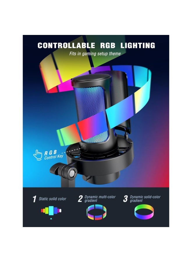 فيفين ميكروفون A8 للألعاب، مكثف RGB، ميكروفون USB للكمبيوتر الشخصي للبث المباشر، والبودكاست، والتسجيل، مع تحكم، وخاصية كتم الصوت باللمس، ومنفذ سماعة رأس، ومرشح صوت - Image 3