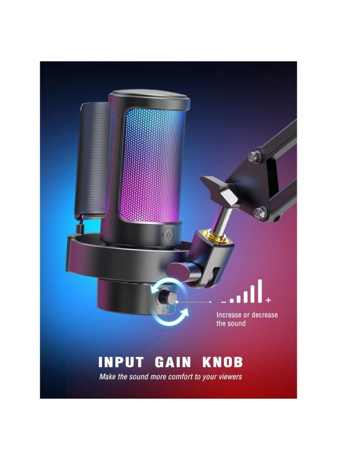 فيفين ميكروفون A8 للألعاب، مكثف RGB، ميكروفون USB للكمبيوتر الشخصي للبث المباشر، والبودكاست، والتسجيل، مع تحكم، وخاصية كتم الصوت باللمس، ومنفذ سماعة رأس، ومرشح صوت - Image 4