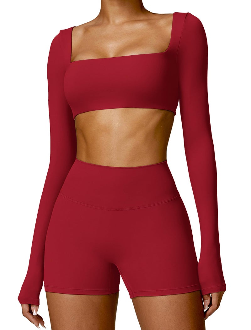 ABOCIW Workout Sets for Women 2 Piece Square Neck Long Sleeve Workout Crop Scrunch Butt High Waist Biker Shorts 2 Piece Gym Sets Work Out Clothes Cherry Red Medium