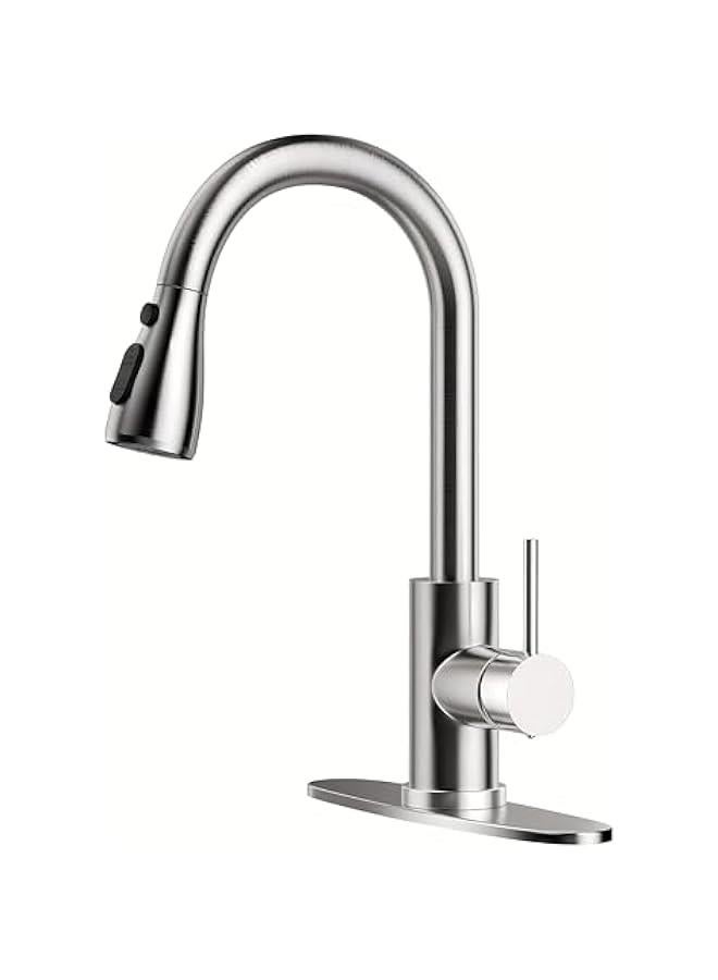 HOOKOR Durku Kitchen Faucets, Brushed Nickel Kitchen Faucet with Pull Down Sprayer, High Arc Single Handle Stainless Steel Sink Faucets 1 or 3 Hole, Kitchen Sink Faucets for Farmhouse Camper Laundry Rv Bar - Image 1