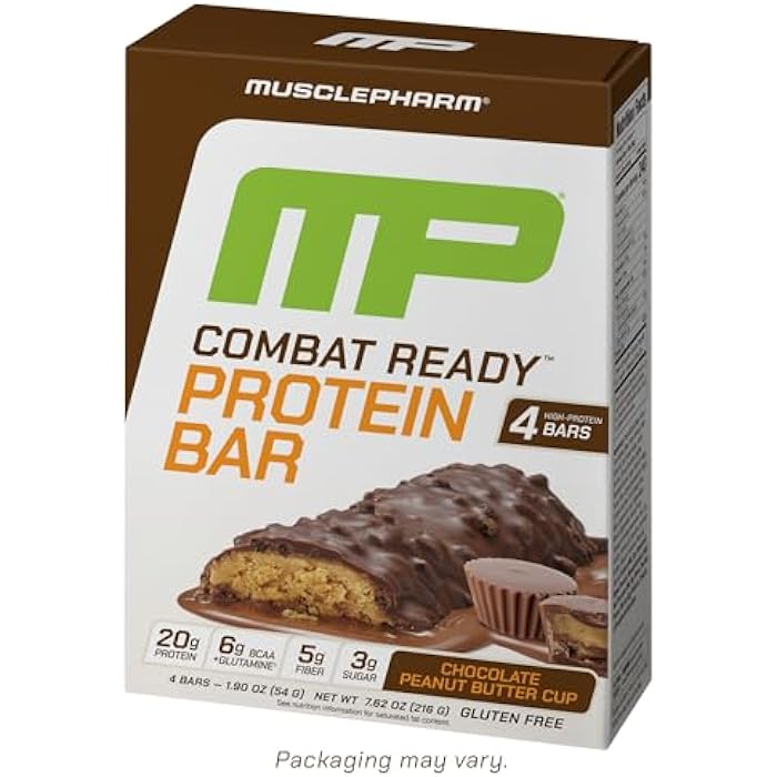MusclePharm Combat Ready Chocolate Peanut Butter Cup, High Protein Bars, Combat Cravings, Fuel Performance & Meet Energy Demands, 20g Protein from Whey Protein, 5g Fiber, Gluten Free, 4 Bars - Image 1
